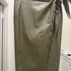 Green Wrap Midi Pencil Skirt Pu